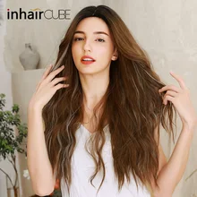 Inhaircube Natural Wave Long Ombre Brown Mixed White Hair Color Synthetic Wigs Mid Part REAL Scalp Heat Resistant Hair Wig