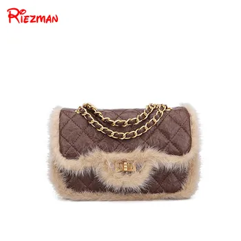 

Riezman Women's Handbags Shoulder Bags Winter Fashion Rhombus Mink Fur Chain Crossbody Bags Luxury Handbags Women Bags Designer