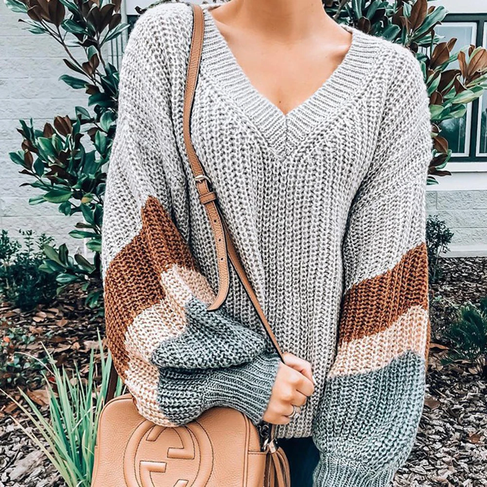 Модный Полосатый пуловер с v-образным вырезом для женщин сезон осень-зима