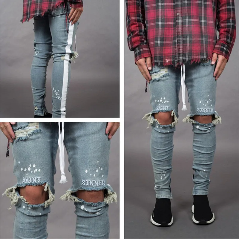 8 видов стилей, мужские эластичные рваные обтягивающие байкерские джинсы с вышивкой и принтом, джинсы с прорезями и прорезями, узкие джинсы, поцарапанные джинсы высокого качества