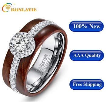 

BONLAVIE Exquisite Tungsten Carbide Steel Ring with Zircon Real Polished Koa Wood Rings for Women Wedding Jewelry