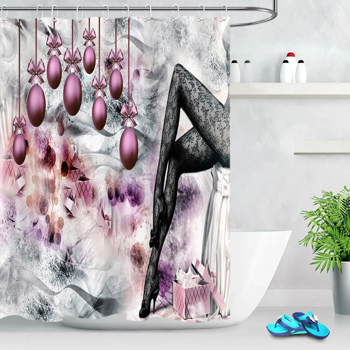 Christmas Ball Silk Stockings Legs Bathroom Shower Curtain Set Waterproof Fabric | Дом и сад