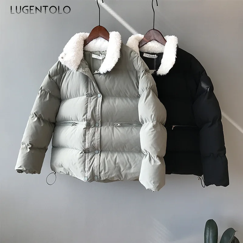 ##BUY Lugentolo Women Parka Winter Coat Fur Collar Loose Casual Korean Thicken Warm Bread Clothing Drawstring Simple Short Parkas