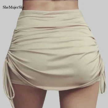 

SheMujerSky Sexy Lace Up Mini Skirts Slim Skinny Khaki Elastic High Waist Skirt Women 2020 Summer Fashion Bandage Skirt