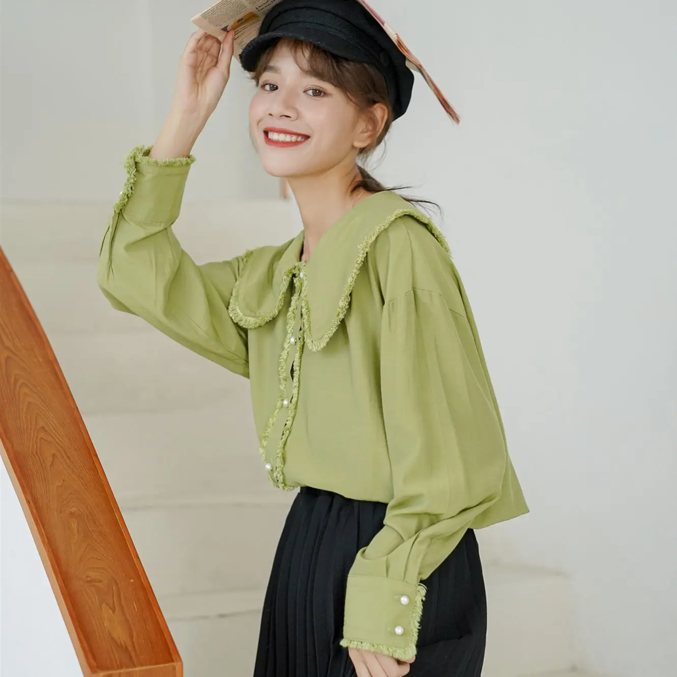 

COIGARSAM Casual Full Sleeve Shirt Womens tops New Spring Cute Chiffon Peter pan Collar Tassel Women shirts Green 9302