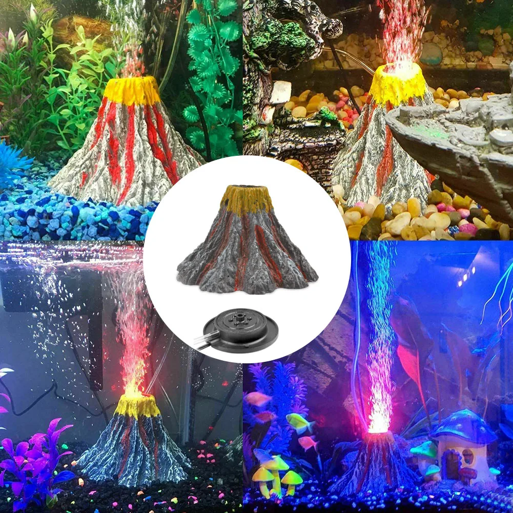 Aquarium With LED Light Decoration ABS RGB Colorful Volcano Ornament Fish Tank Oxygen Pets Bright Energy Saving Air Bubbles
