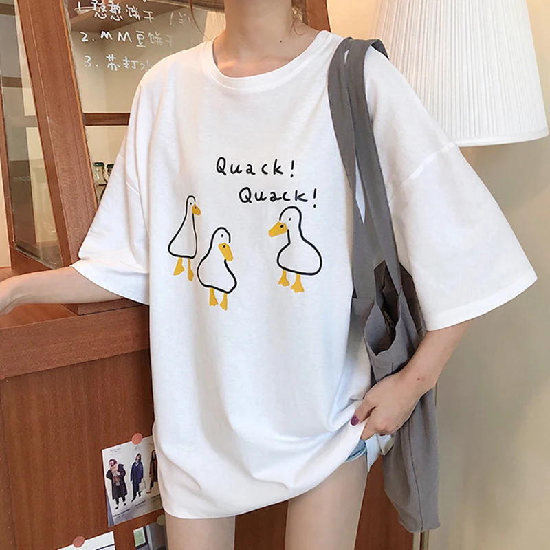 Duck Cartoon Print Summer T-Shirts Women Short Sleeve O-Neck Casual Cotton Loose Shirts Girls Korean Tops Tees Harajuku W971