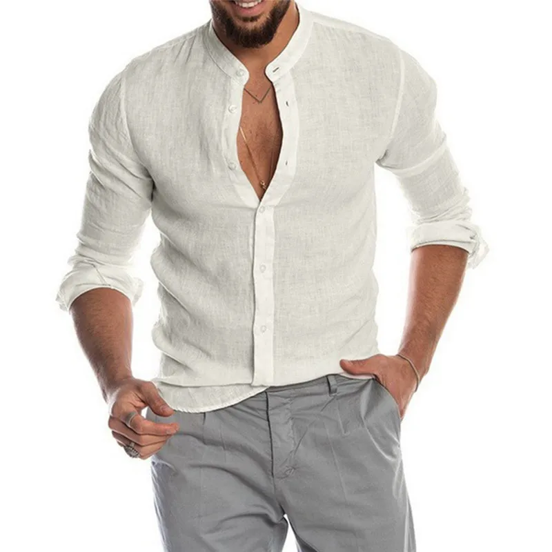 Camisa holgada de algodón y lino para Hombre, Blusa de manga larga con cuello en V, estilo Retro, ropa de calle, verano, 2021