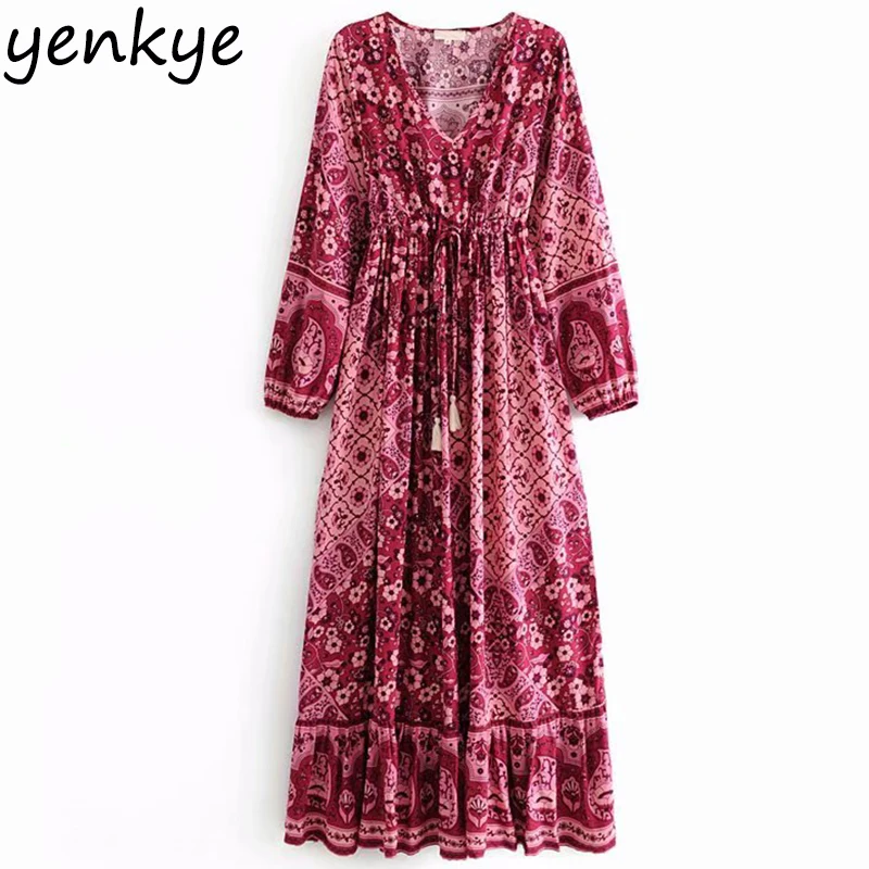 

Long Sleeve Autumn Dress Women Vintage Floral Print Holiday Long Maxi Dress Lady V Neck Drawstring Waist Sexy Slits Casual Dress
