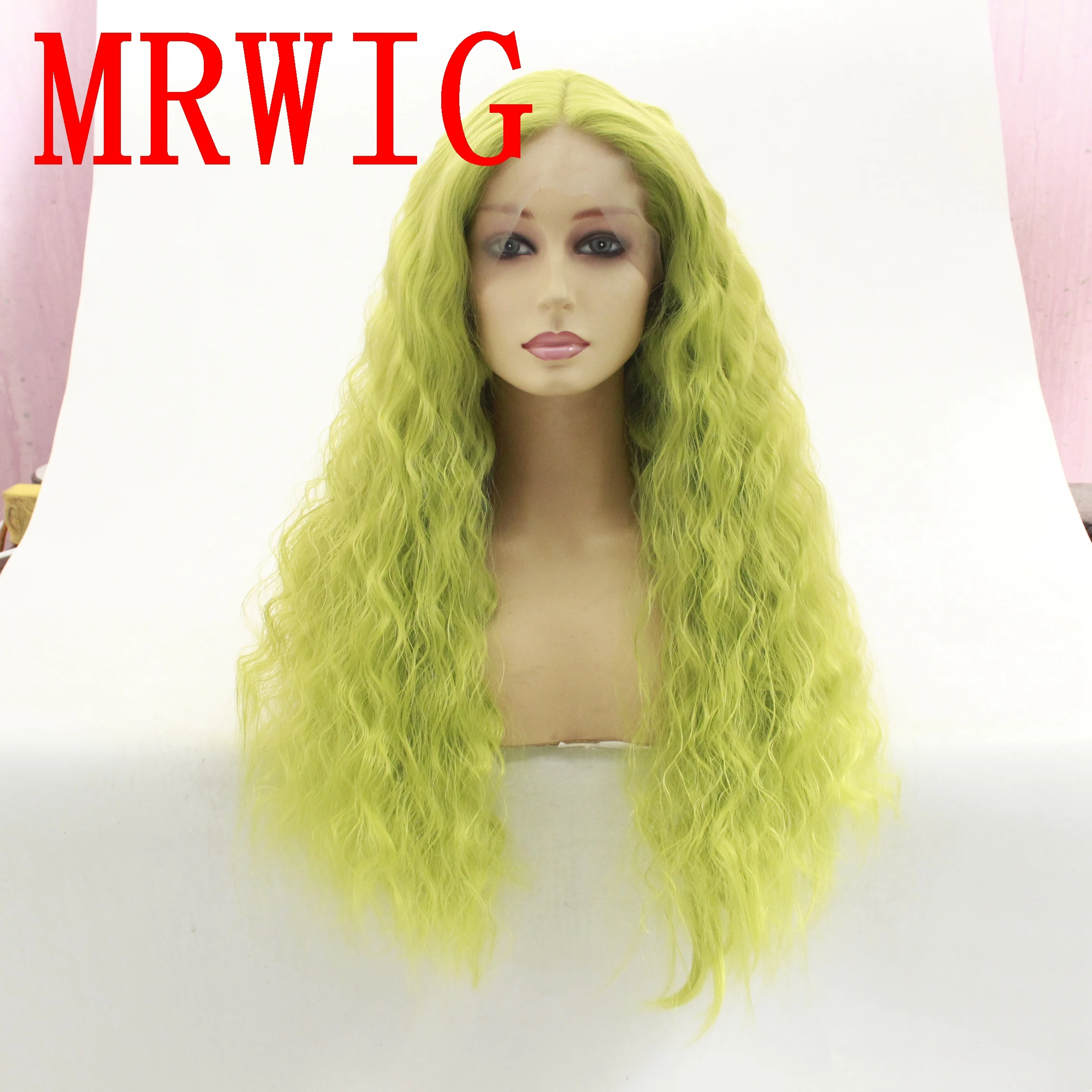 

MRWIG fruit green long curly 26in real picture synthetic front lace wig mid part high density woman