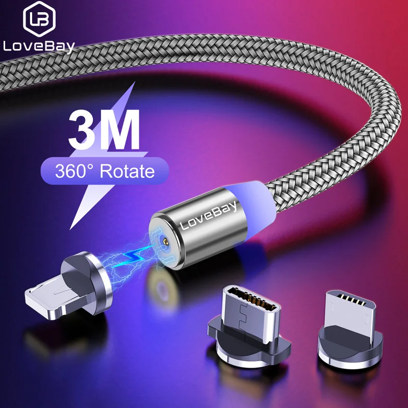 Lovebay Магнитный USB 3 м кабель для быстрой зарядки для Iphone TYPE-C Micro USB шнур Магнит Micro USB кабель для мобильного телефона USB шнур