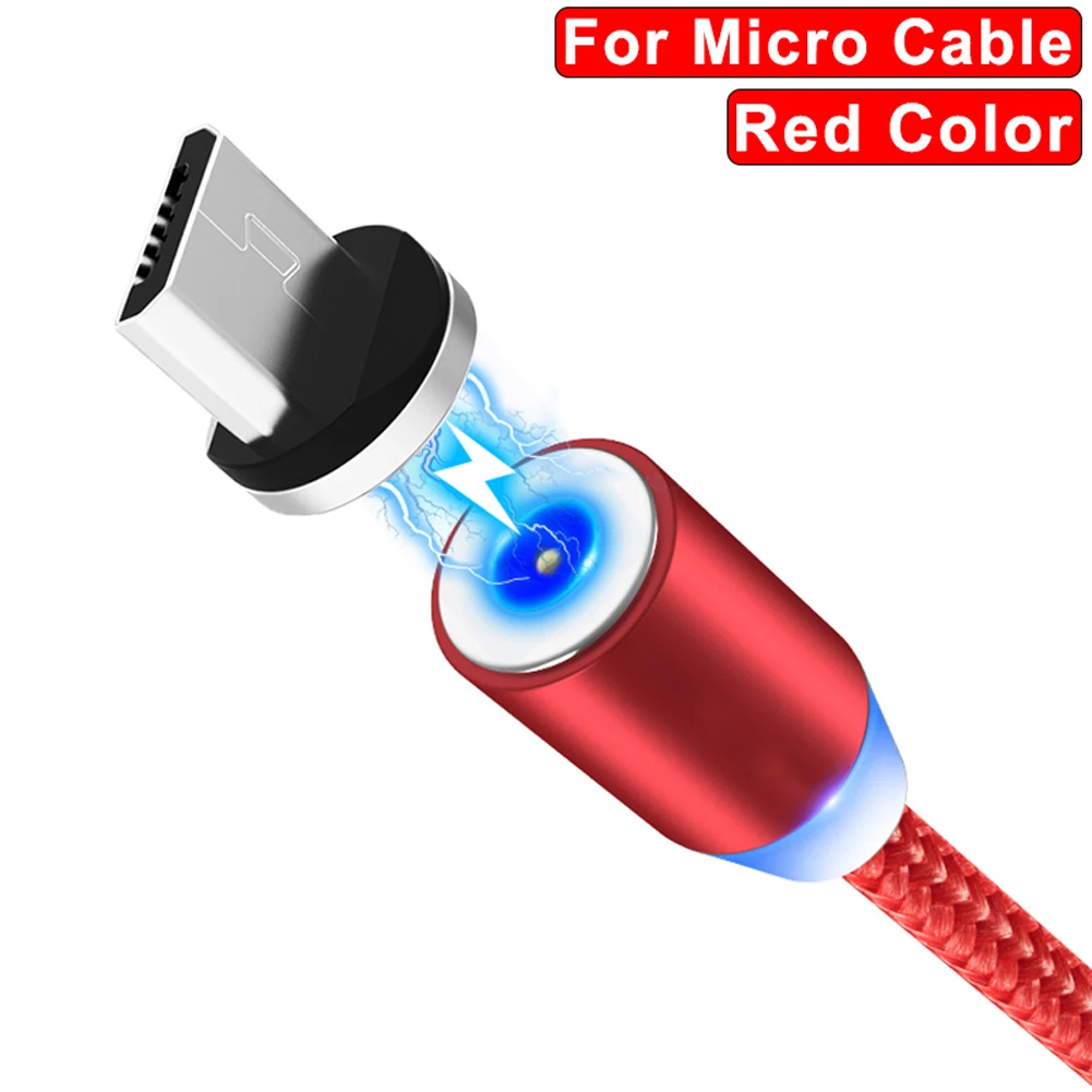 Red For Micro USB Для Android iPhone huawei 360 ° вращающийся круглый Прочный Магнитный светодиодный кабель Micro USB type C для быстрой зарядки нейлоновый плетеный провод для зарядки - Цвет: Red For Micro USB