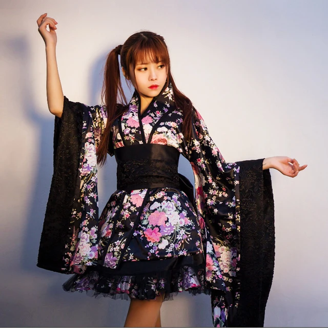 Kimono japonés para niñas, vestidos de Geisha negros y rojos, vestido de  fiesta de té Lolita de baile, batas Yukata, disfraz de Cosplay de Anime -  AliExpress