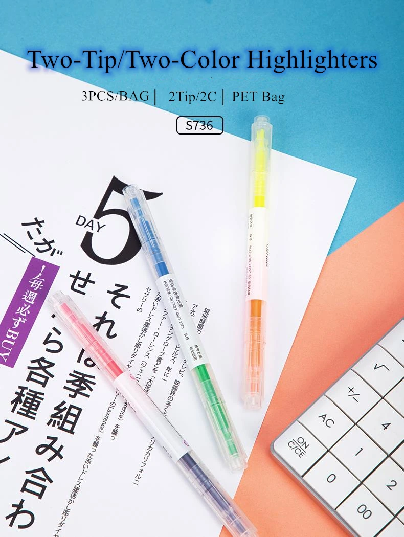 Dual Tip Highlighter Set - 6 Color Double-Ended Markers 3 Pcs