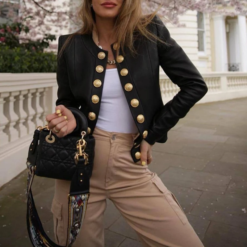 Women O Neck Long Sleeve Jacket Coat All-match Fashion Retro Golden Button Top Outwear Autumn Elegant Office Lady Blazer Outcoat | Женская
