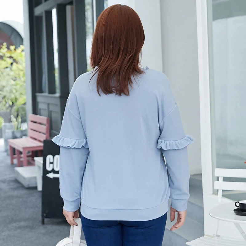 L~ 4XL 5XL пуловер большого размера с цветочной вышивкой, Женский вязаный тонкий свитер, осень, синие Топы с длинным рукавом, футболки C2283