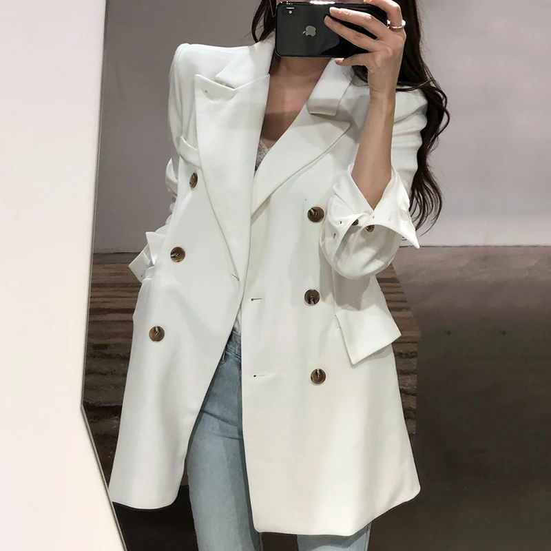 Осеннее Женское пальто с длинным рукавом Slim Fit уличная Корейская элегантная двубортная Туника Офисная Женская куртка повседневная Vestidos - Цвет: Белый