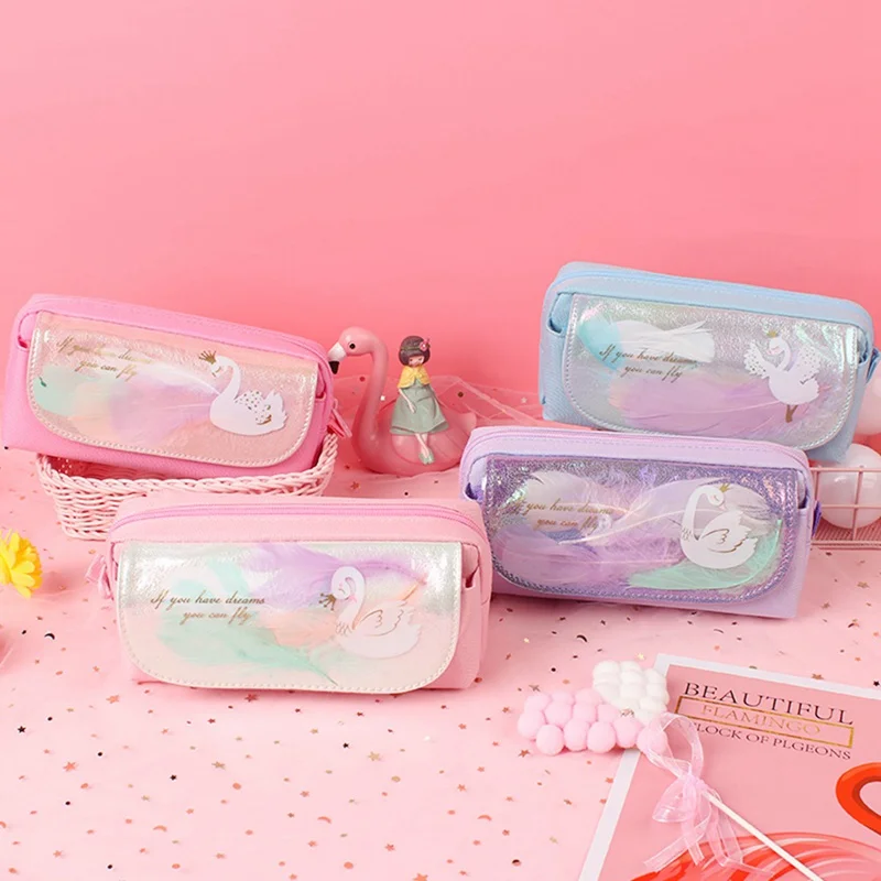 

Cute Creative Teenage Girl Feather Swan Pencil Case Large Capacity Zipper Pencil Bags Pen Holders School Supplies Stationery