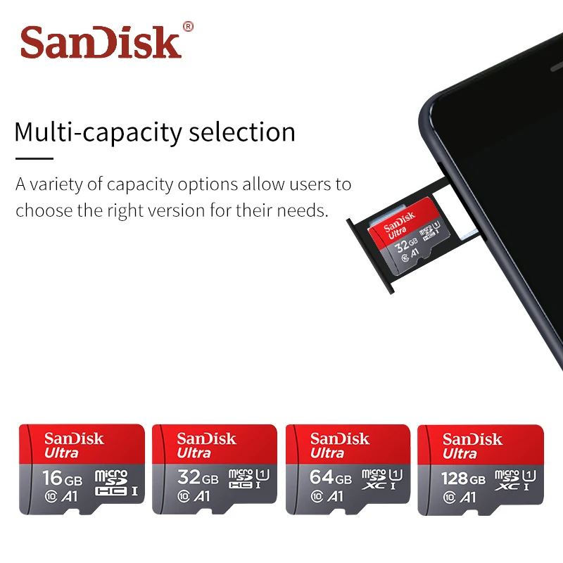 SanDisk microSD карты 256 г 200 ГБ 128 Гб 64 ГБ 32 ГБ оперативной памяти, 16 Гб встроенной памяти, 100 МБ/с. слот для карт памяти SD/TF флеш-карта Class10 microSD для планшета/смартфона