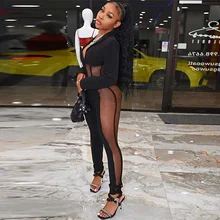 

Sexy Mesh Sheer Two Piece Set Club Birthday Outfits for Women Tracksuit Notched V Neck Corset Top Hollow Pants 2pcs Matching Set
