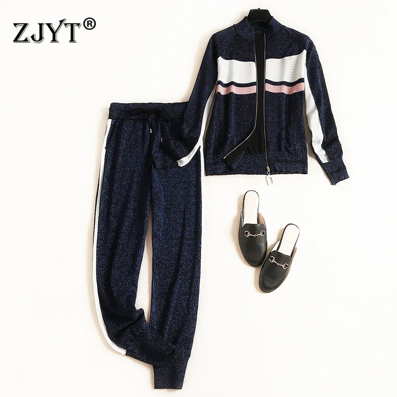 

Casual Knitting Tracksuit Set Women Autumn Fashion Long Sleeve Color Block Zipper Knit Cardigan Coat and Pants Suit Sets Twinset