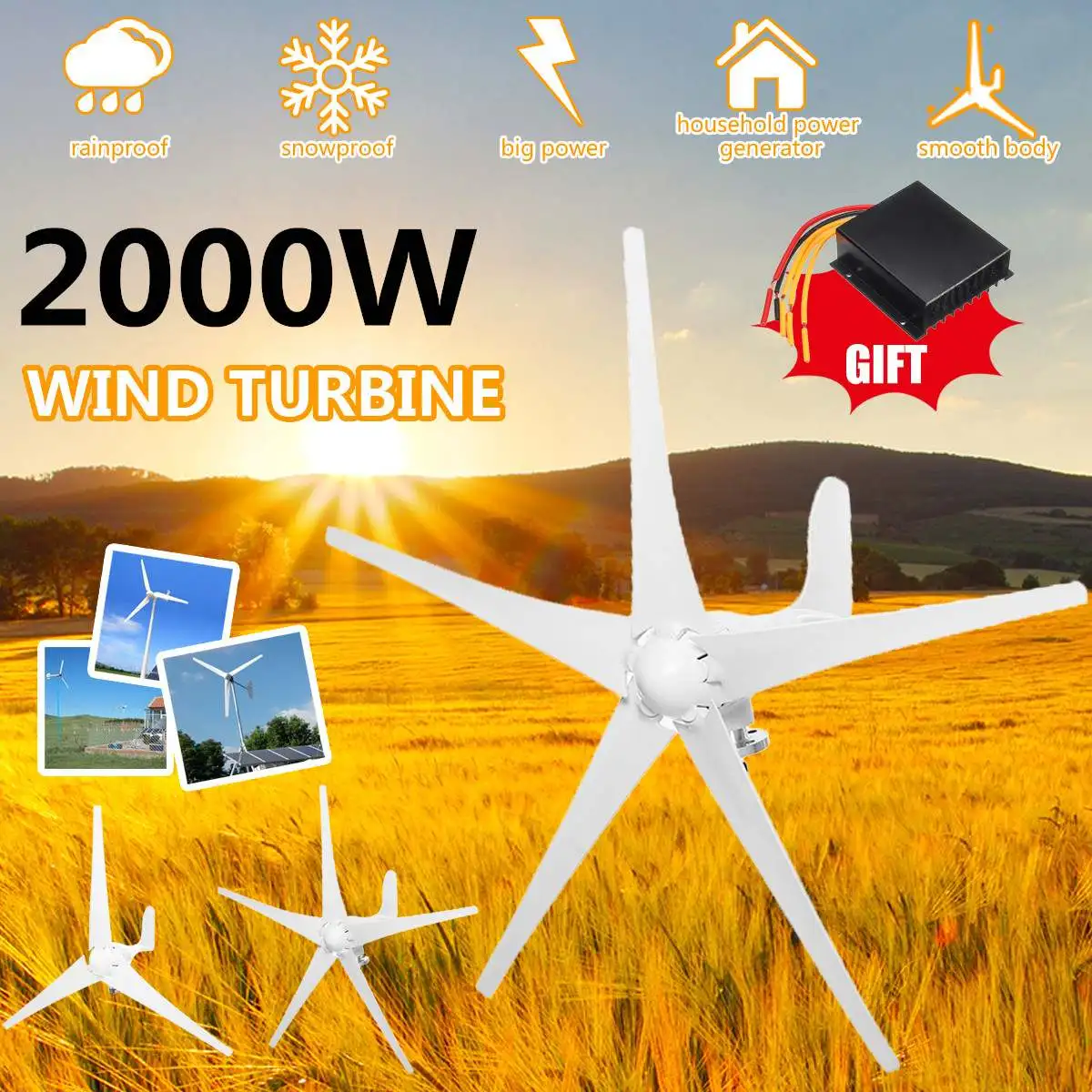 

2000W Wind Turbines Generator 12V/24V 3/5 Blades Horizontal Wind Generator With Controller Windmill Energy Turbines Charge