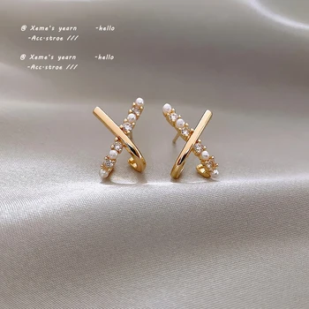 Design Sense Korean Exquisite and Small Cross Shaped Pearl Earrings Fashion