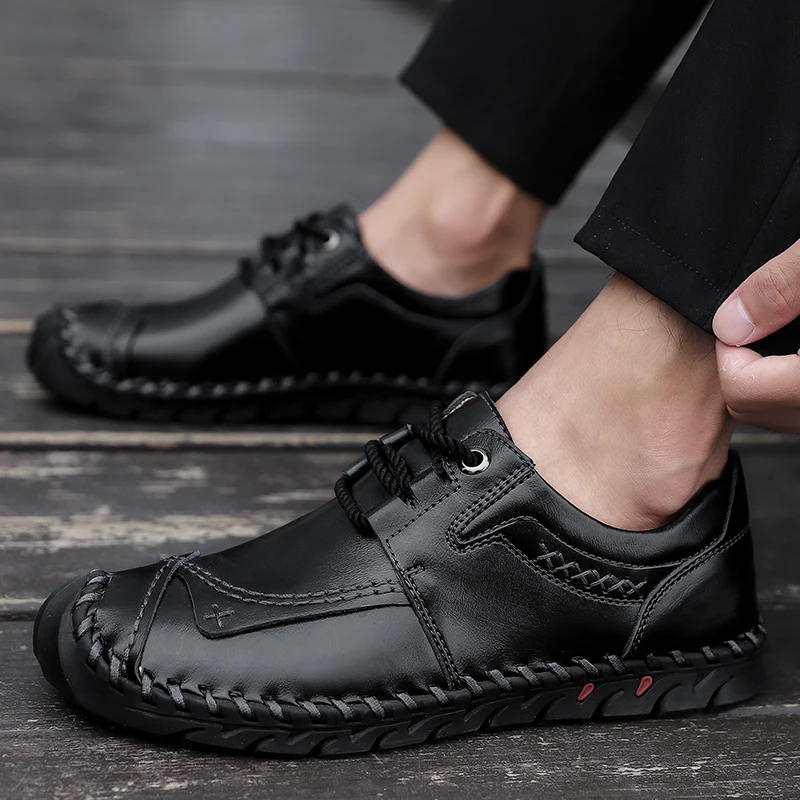 

Men's casual Shoes Men Genuine Leather Loafers Shoes Fashion Handmade sewing Soft Breathable Flats lace up Shoes big size 48