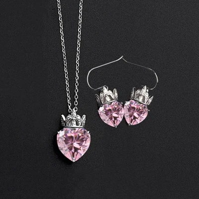 Jewelry sets PANSYSEN 925 пробы Серебряные Ювелирные наборы сердце розовый кварц корона кулон ожерелье серьги модный набор украшений для женщин - Цвет камня: Jewelry sets