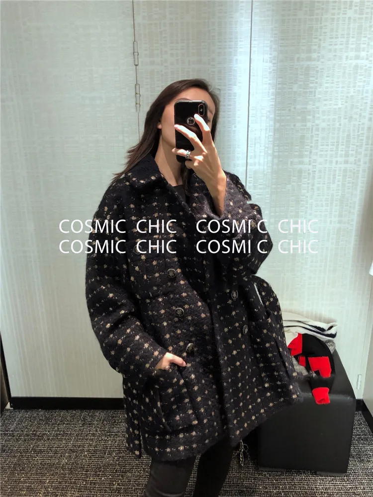 Cosmicchic, Зимняя шерстяная куртка для отдыха, черный элегантный двубортный твидовый тканый пояс, клетчатое Женское пальто