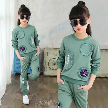 Abbigliamento per bambini Nuova Primavera Ragazze Adolescenti Vestiti Set Con Paillettes A Manica Lunga Magliette e camicette + Pantaloni 2 PCS Bambini Tuta Delle Ragazze di Sport vestiti 4-13 Y