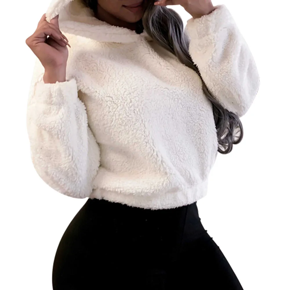 Hoodies Women Teddy Shoulder-Crop-Top Kawaii Sweatshirt Harajuku Plush Bear-Ears Warm