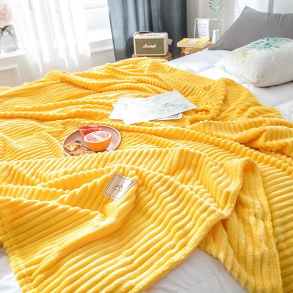 Супер мягкое стеганое фланелевое одеяло s для кроватей однотонное желтое мягкое теплое одеяло 300GSM толстое покрывало для дивана