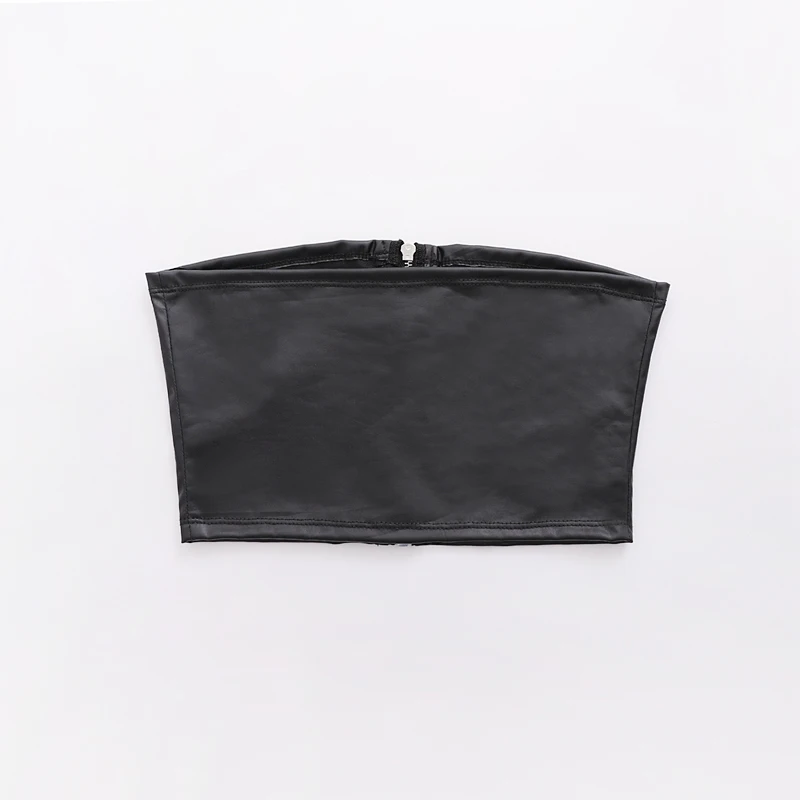 SheMujerSky Summer Pu Leather Crop Top Women Black Sexy Zipper Cropped Tops Sleeveless Top