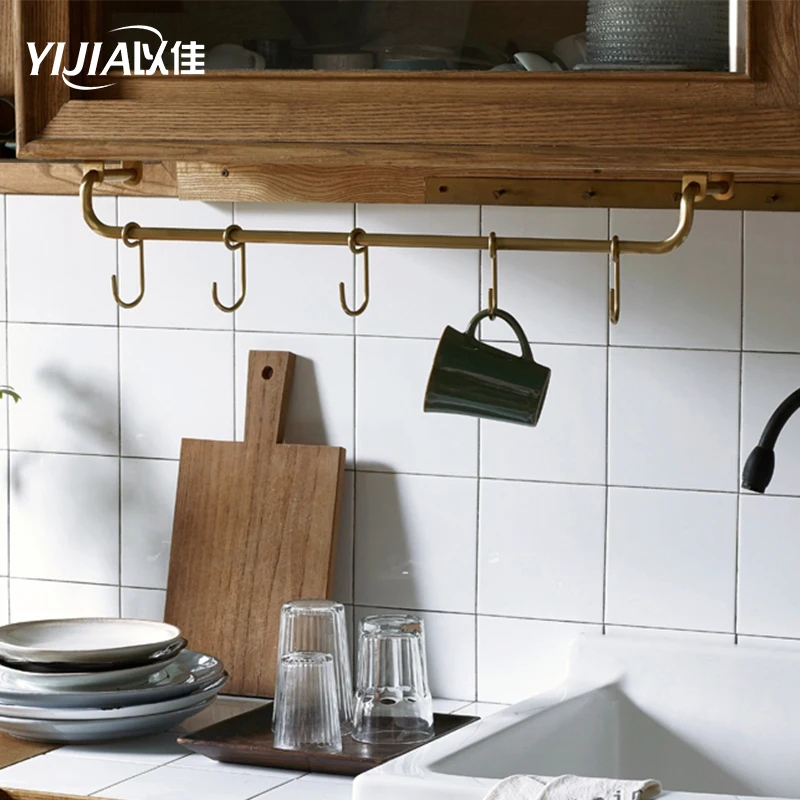 Antique Furniture Hardware Brass Hook, Solid Brass Hanging Towel Cup Rack, Kitchen Accessories