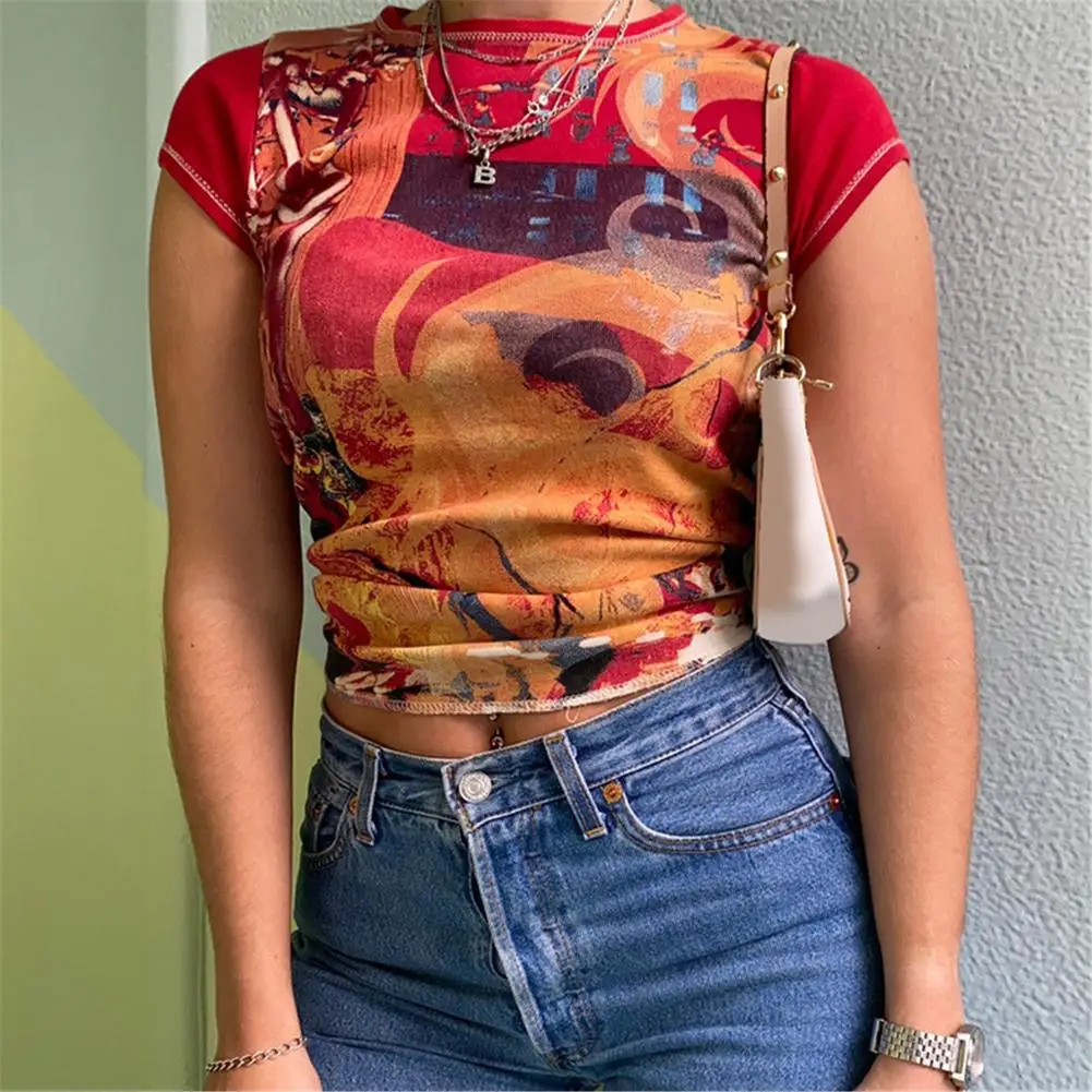 Y2K Sexy Crop Top Colored Print Round Neck Short Sleeved T Shirt Casual Summer Short Tee O Neck Regular Top Skinny Clothing 2