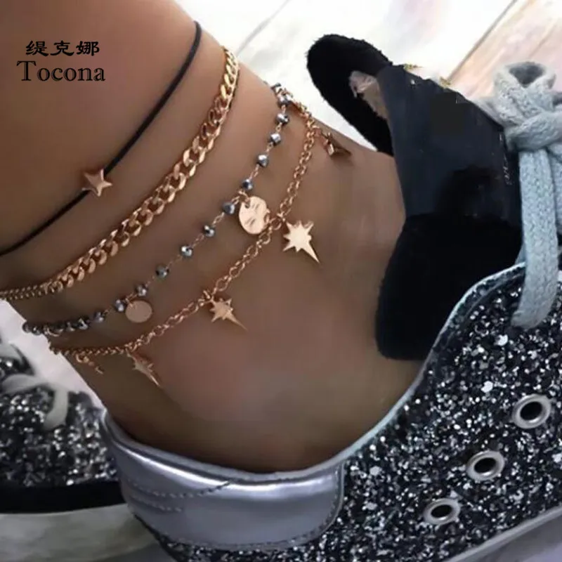 Tocona 4pcs/sets Colorful Beaded Anklets for Women Star Round Wafer Barefoot Feet Bracelets Summer Jewelry Wholesale 8537 Tocona 4pcs/sets Colorful Beaded Anklets for Women Star Round Wafer Barefoot Feet Bracelets Summer Jewelry Wholesale 8537