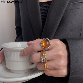 

HZ 2020 New Vintage Transparent Crystal Inlay Silver Color Minimalist Geometry Circle Metal Rings for Women Girls Jewelry Gifts