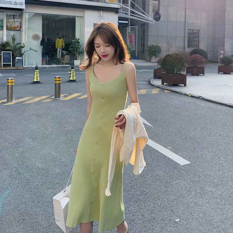 

Women Dresses Summer 2020 Solid Color V-neck Sling Sleeveless Dress Knit Long Evening Party Dresses