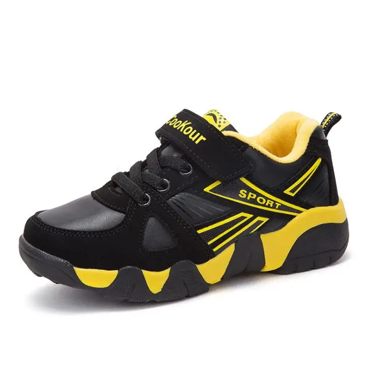 black yellow leather Осенняя детская спортивная обувь для мальчиков, дышащие кроссовки для бега, детская кожаная обувь для путешествий, размер 28-41 - Цвет: black yellow leather