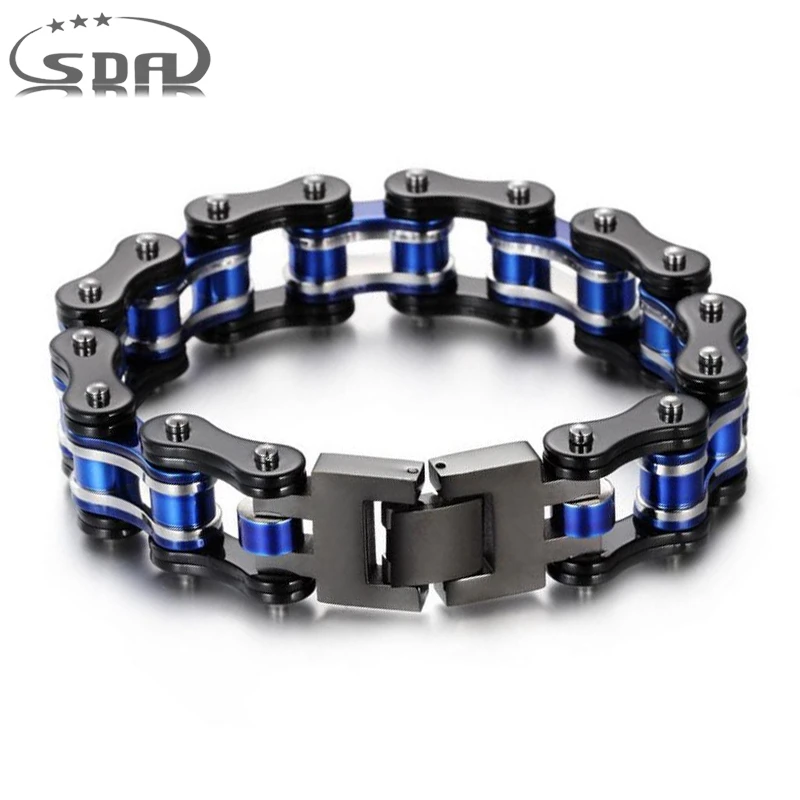 New Black & Blue Bracelet 316l Stainless Steel Jewelry Biker Wristband Punk Rock Motorcycle Link