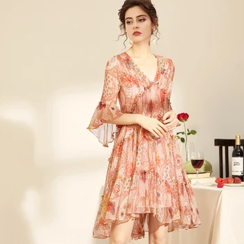 

100% Silk Women's Runway Dresses V Neck 3/4 Sleeves Ruffles Printed Fashion Short Elegant Dresses
