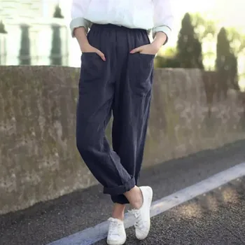 

2019 Autumn Women Straight Pants Casual Loose Cotton Linen Long Trousers Solid Color Korean Style Trousers With Pocket