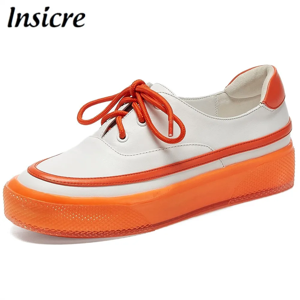 

Insicre Women Flat Cow Leather Lace Up 2020 Spring Female Casual Shoes Orange Platform Loafers Genuine Leather Low Heels