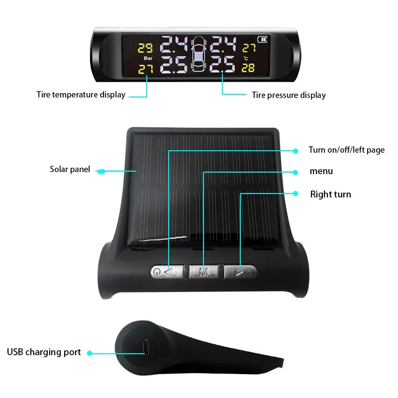 USB или солнечное зарядное устройство TPMS система контроля давления в шинах hd цифровой ЖК-дисплей Автоматическая сигнализация Инструмент беспроводной 4 внешних датчика