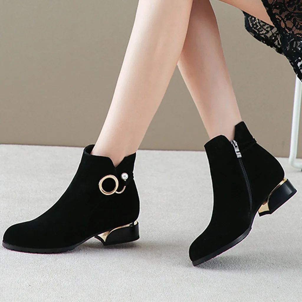 

Women Ankle Boots Flock Zipper Solid Short Boots Low Square Heel Single Shoes Keep Warm Winter Booties Botas Mujer Invierno 2019