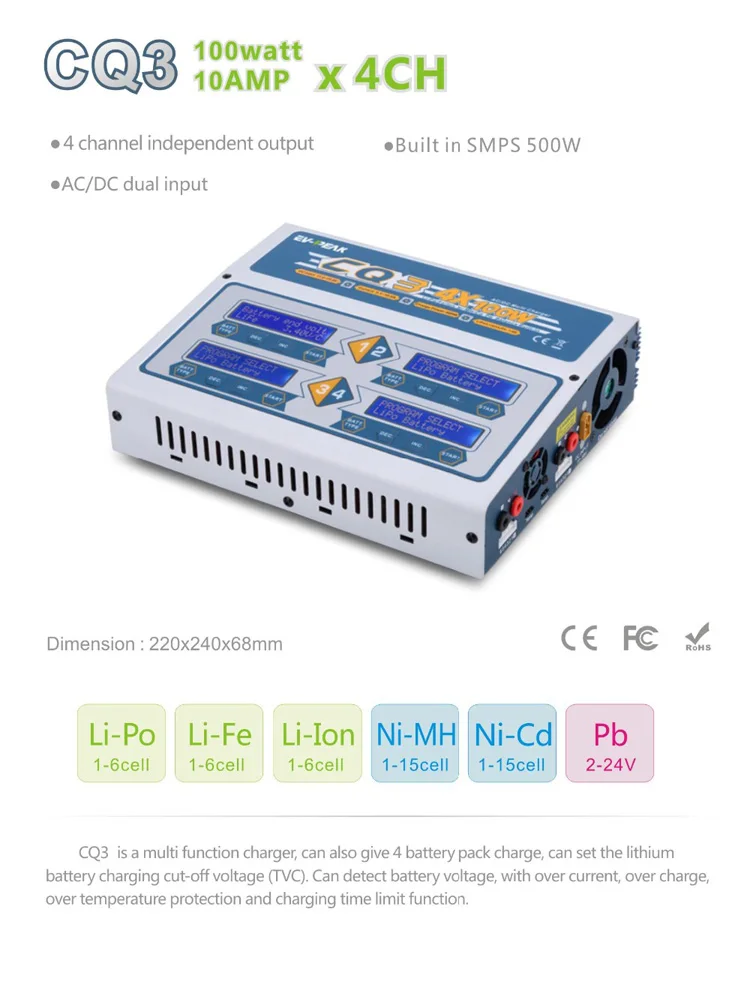 EV-Peak 100W x 4 CQ3 RC Balance Lipo Battery Charger Nimh Nicd 