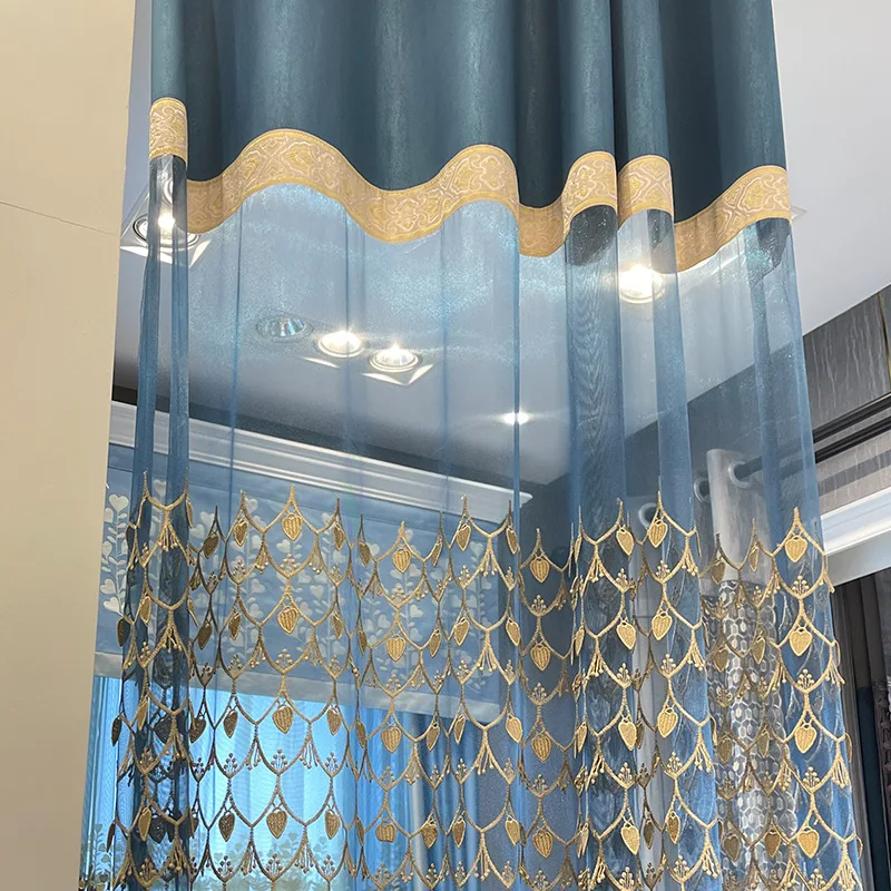 Luxury Embossed Leaves Valance Curtains for Living Room Noble Embroidery Voile Drape Love Pattern Villa French Window S560#E