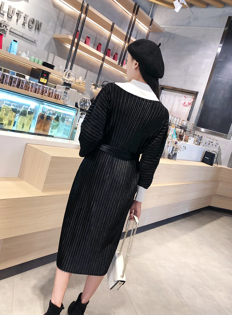 Miyake Плиссированное бархатное платье, женское Плиссированное модное тонкое платье с длинным рукавом, длинное платье, vestido, женская одежда, элегантное платье