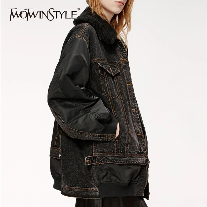 

TWOTWINSTYLE Patchwork Denim Womens Jacket Lapel Collar Long Sleeve Single Breasted Pocket Female Jacket 2019 Autumn Fashion New